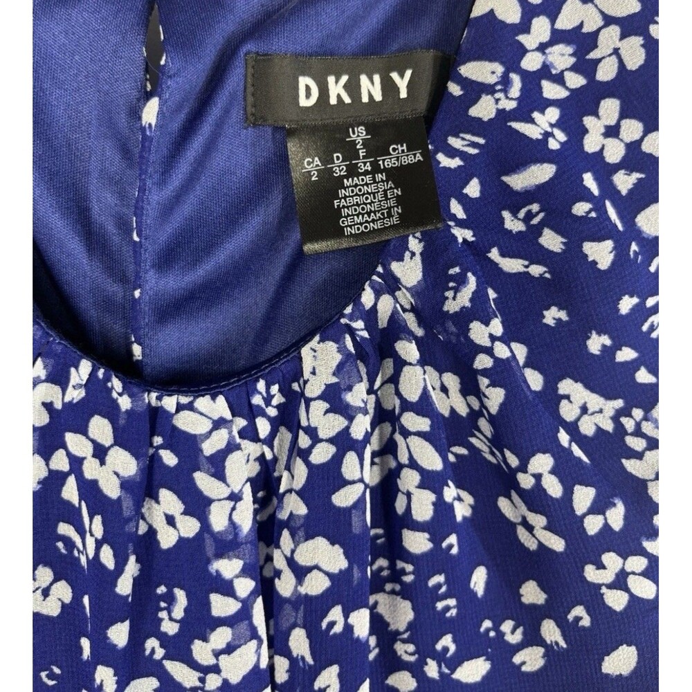 DKNY Blue Floral Sleeveless Mini Shift Dress Size 2 Pleated Neck Summer Party - Picture 5 of 8